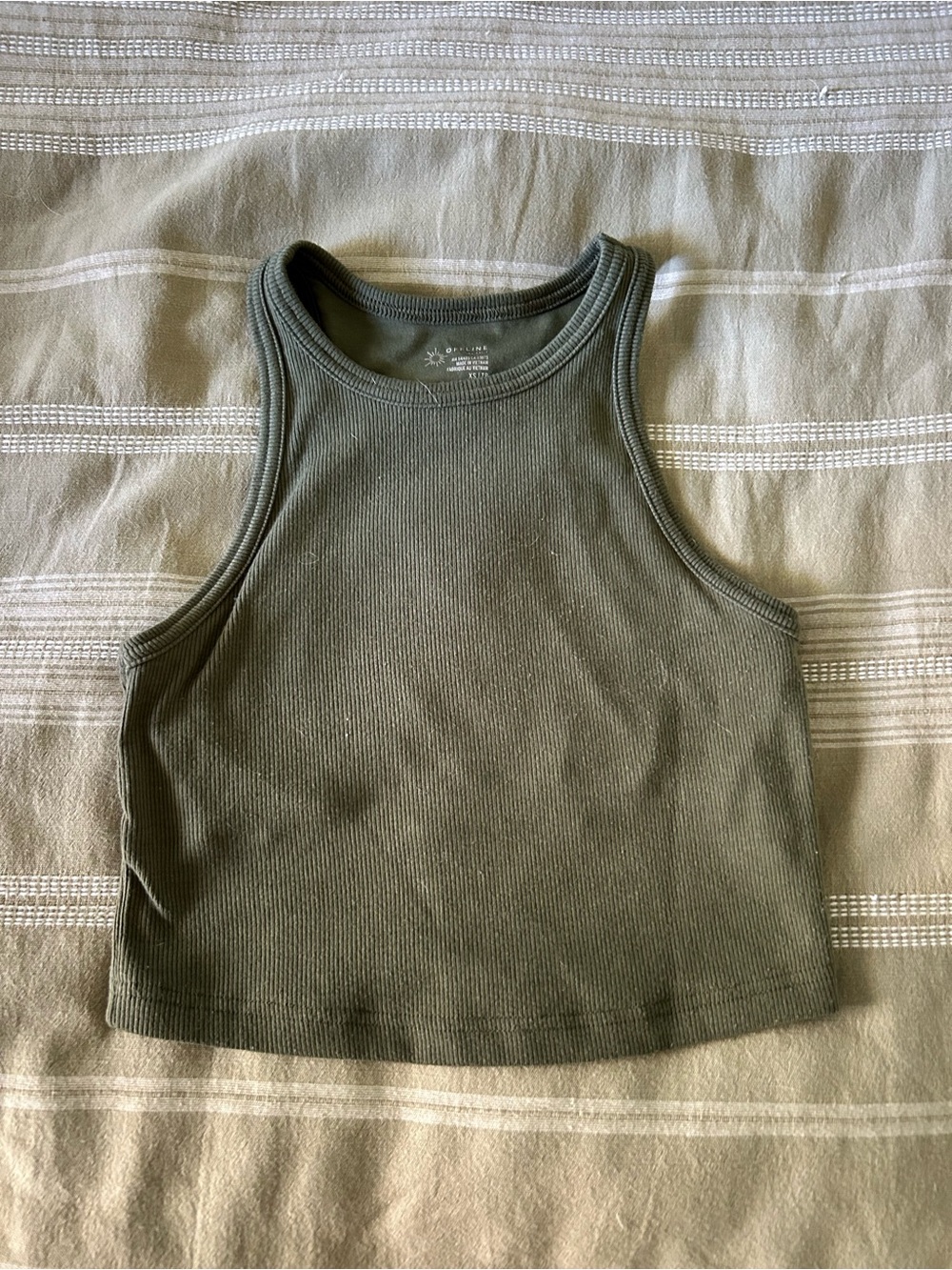 Offline by Aerie Ribbed High-Neck Crop Tank Top — Olive Green XS